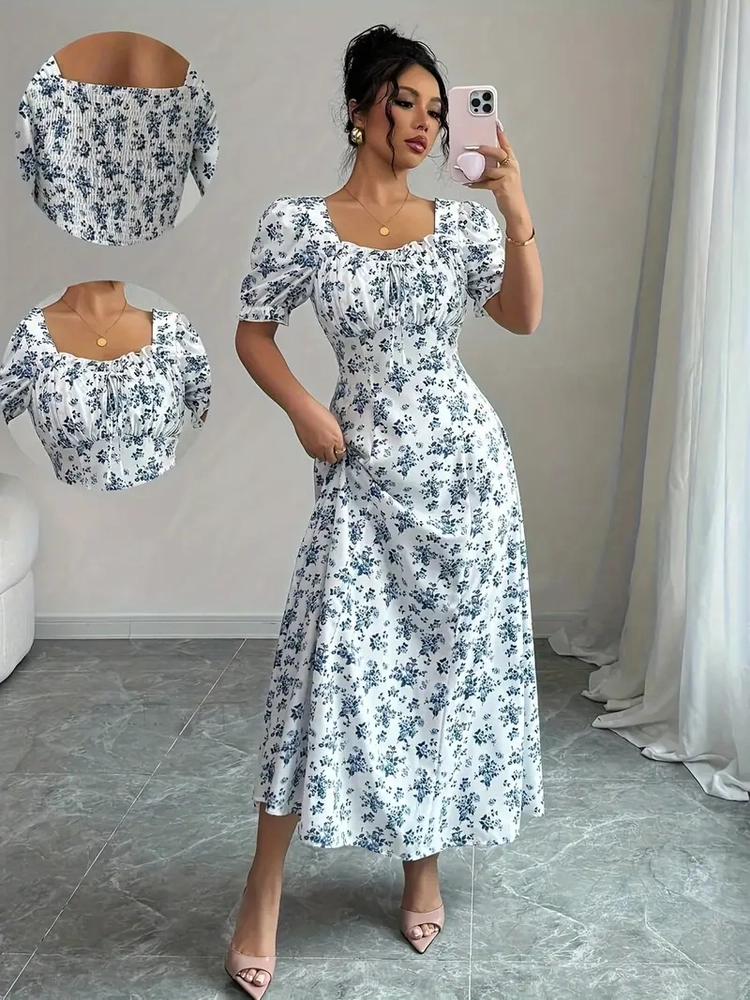 غوب ميدي أزهار أنيق باللون الأزرق والأبيض للنساء image