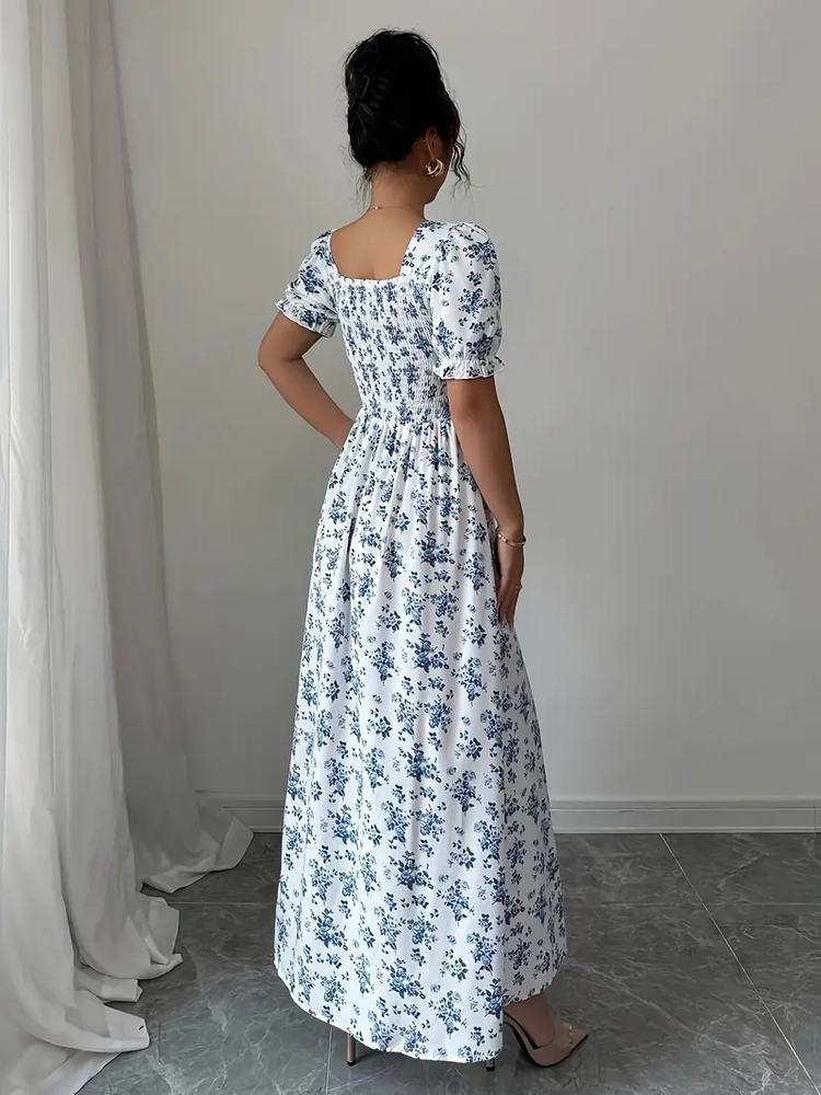 غوب ميدي أزهار أنيق باللون الأزرق والأبيض للنساء