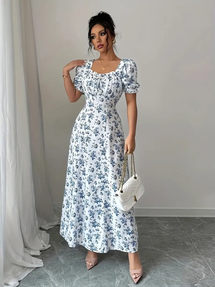 غوب ميدي أزهار أنيق باللون الأزرق والأبيض للنساء image