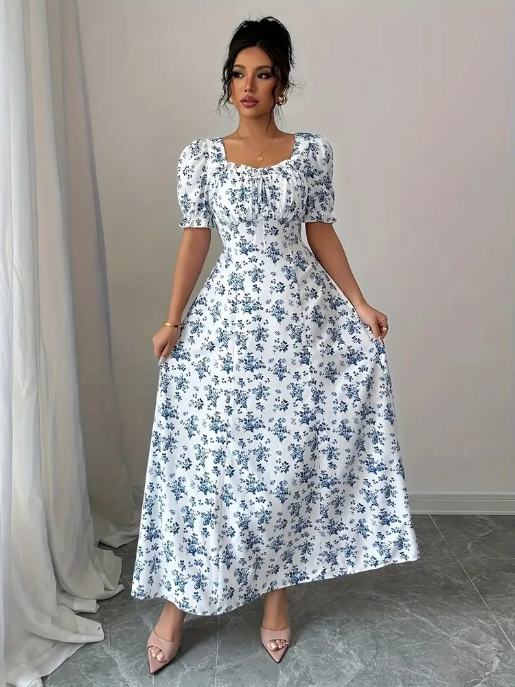 غوب ميدي أزهار أنيق باللون الأزرق والأبيض للنساء