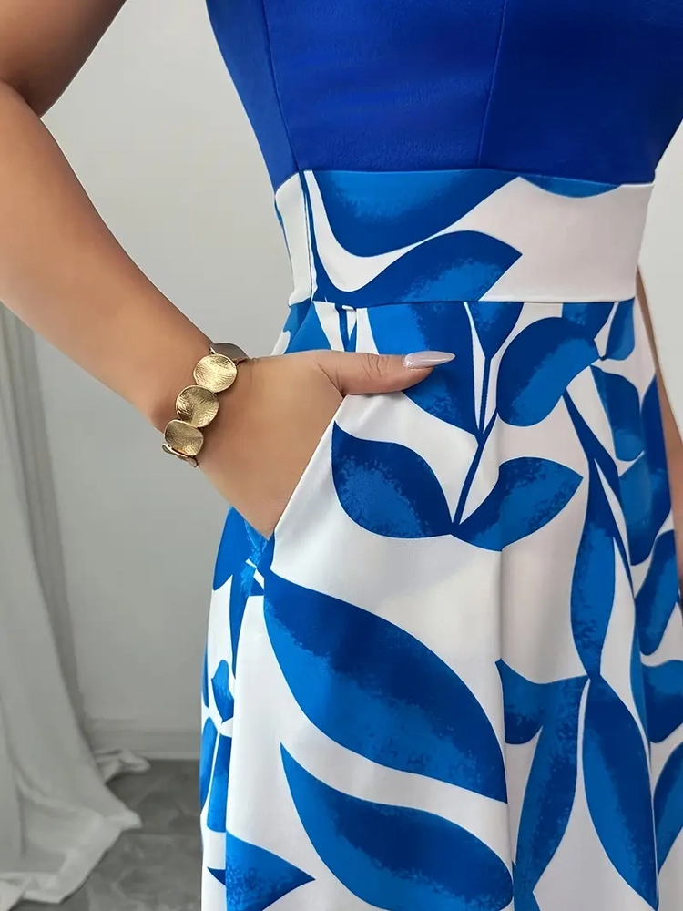 غوب نسائي أنيق بطبعة زهور مع جيوب، مناسب للارتداء الصيفي كاجوال image